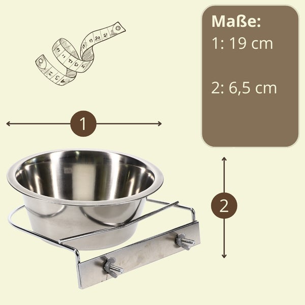 Edelstahlnapf mit Halterung, Maße 1: 19 cm, Maße 2: 6,5 cm
