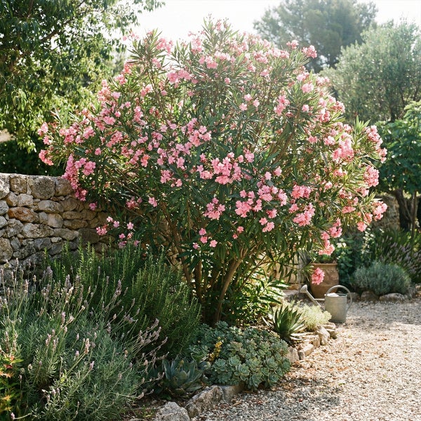 Mediterraner Garten mit blühendem rosa Oleander, Lavendel und Sukkulenten neben einer Trockenmauer und einem Kiesweg.