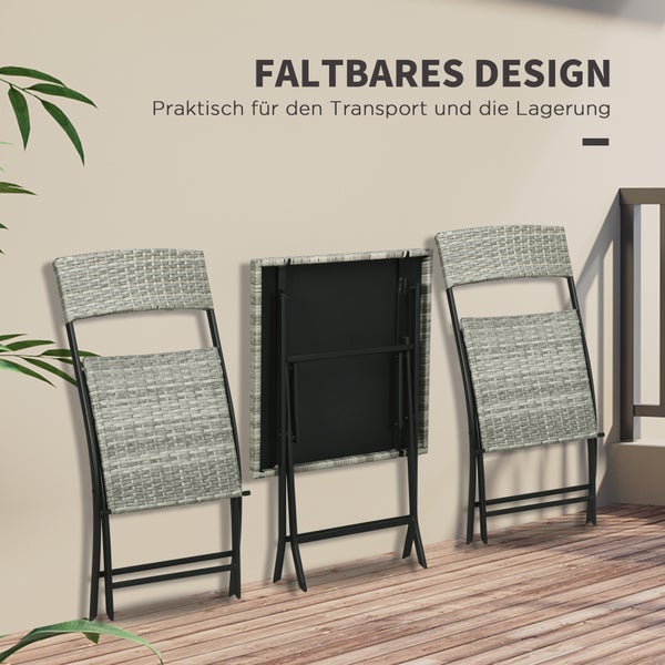 Outsunny 3 tlg. Ratten Balkonmöbel-Set, 60L x 60B x 72H cm, Metall, PE Polyrattan, grau