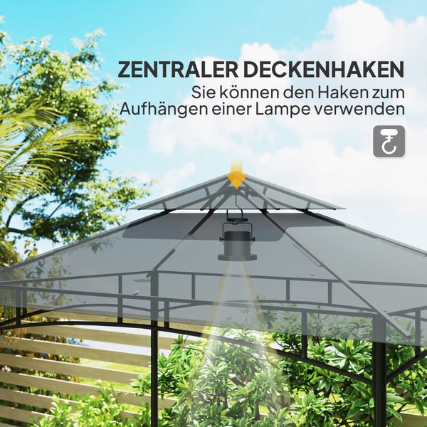 Outsunny Grillpavillon mit LED 240 x 150 x 258 cm wasserabweisend flammhemmend Gartenpavillon mit Doppelschichtdach, Seitenregalen, Gartenlauben mit UV-Schutz, BBQ Pavillon für Party BBQ Dunkelgrau