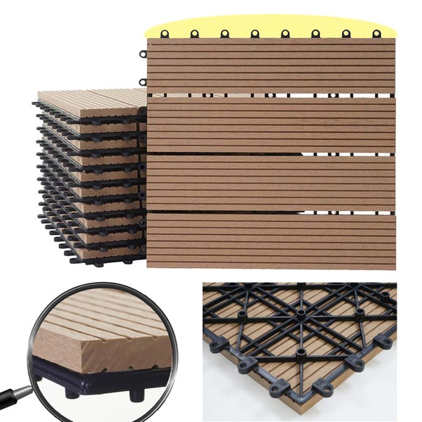 Klickfliesen aus Holz-Kunststoff-Verbundmaterial mit geriffelter Oberfläche, Stapel und Detail der Unterseite mit Kunststoff-Gitternetz.