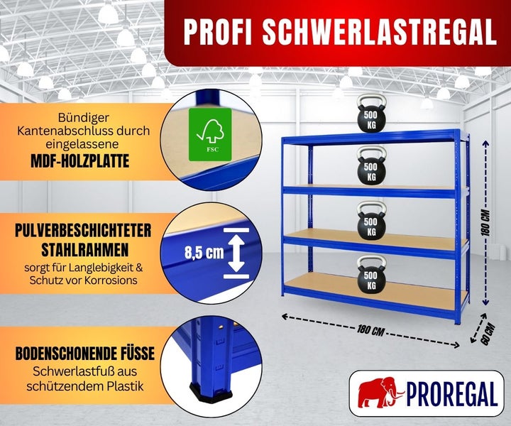 Profi-Schwerlastregal, Stahl, nachhaltiges Holz, 180 mal 180 mal 60 Zentimeter, 500 Kilogramm Tragkraft pro Boden, Proregal Logo.