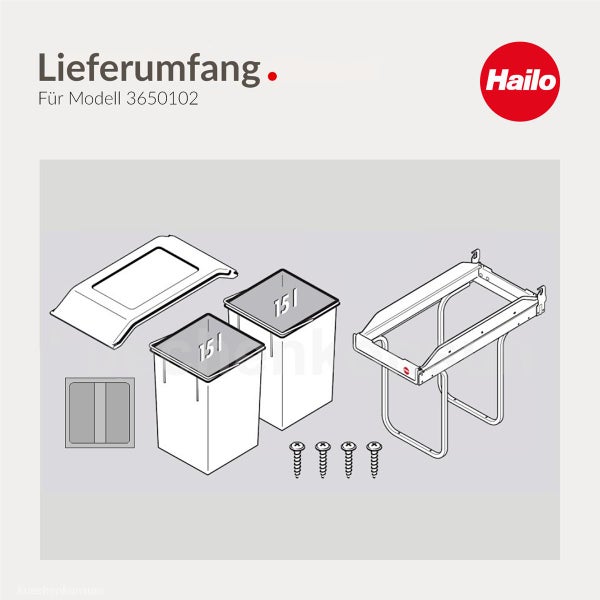 Hailo Logo. Lieferumfang für Modell 3650102 eines Einbau-Abfallsammlers mit zwei 15 Liter Eimern, Gestell, Deckel und vier Schrauben.
