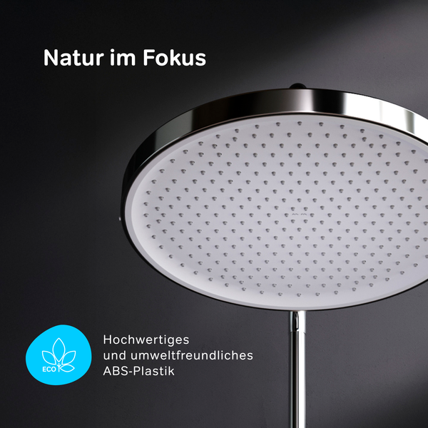 Runde Kopfbrause mit zahlreichen Düsen für eine gleichmäßige Wasserverteilung, hergestellt aus umweltfreundlichem ABS Kunststoff.