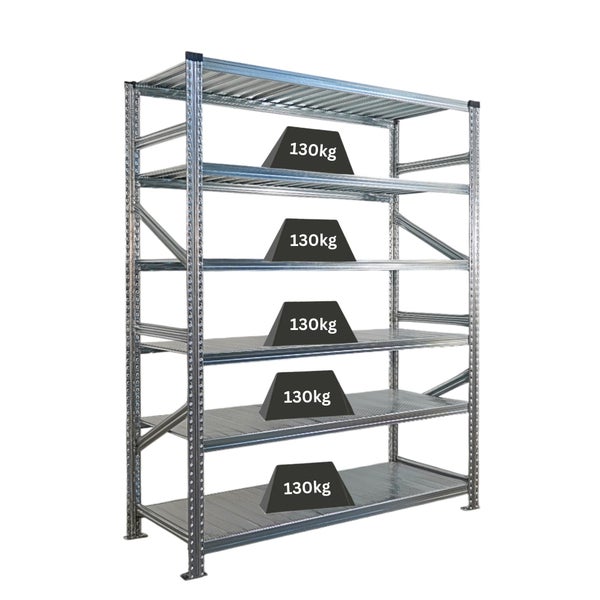 Metallregal mit fünf Regalböden und einer Traglast von 130 kg pro Boden