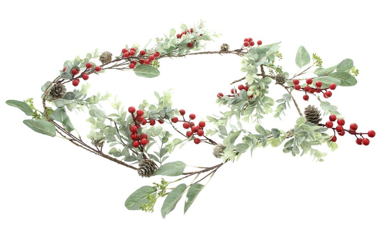 Dekorative Girlande mit Blättern, roten Beeren und Zapfen