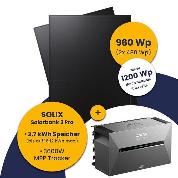 Anker SOLIX Balkonkraftwerk Set mit zwei bifazialen Solarmodulen 960 Watt Peak und Solarbank 3 Pro Speicher 2,7 Kilowattstunden.