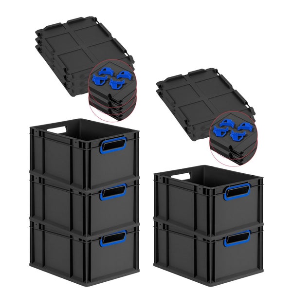 PROREGAL SparSet 5x Eurobox NextGen Color mit Auflagedeckel und Schiebeschnappverschlüsse, HxBxT 22x30x40cm, 20 Liter, Schwarz, Griffe blau offen, Eurobehälter, Transportbox, Transportbehälter, Stapelbehälter