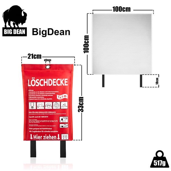 Big Dean Löschdecke mit den Maßen 100 x 100 cm im roten Aufbewahrungsbeutel