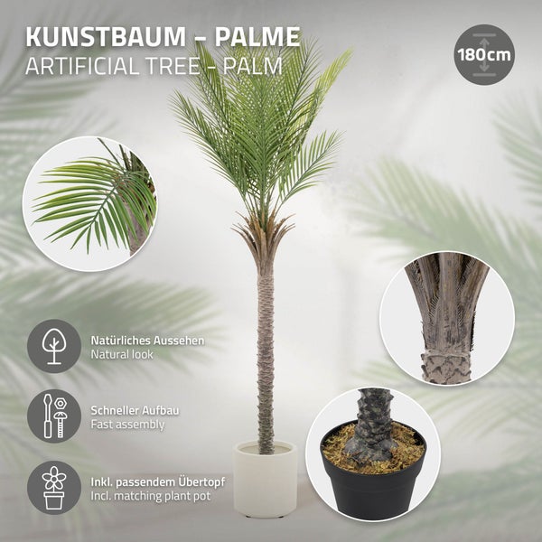 Künstliche Palme 180 Zentimeter hoch mit naturgetreuen Palmwedeln, strukturiertem Stamm und inklusivem Übertopf.