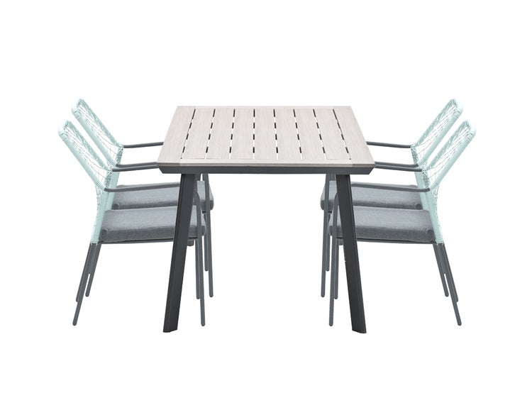 Gartenmöbel-Set bestehend aus einem Tisch in Holzoptik und vier Stühlen mit mintgrünem Seilgeflecht und grauen Sitzkissen.
