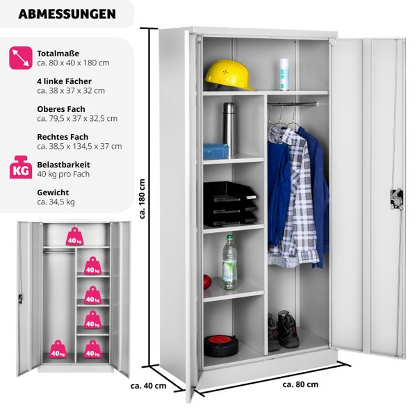 Spind tectake  180 x 80 x 40 cm aus pulverbeschichtetem Stahl grau