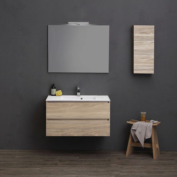 Modernes Badezimmer mit Waschbeckenunterschrank, Spiegel, Spiegelschrank und Hocker