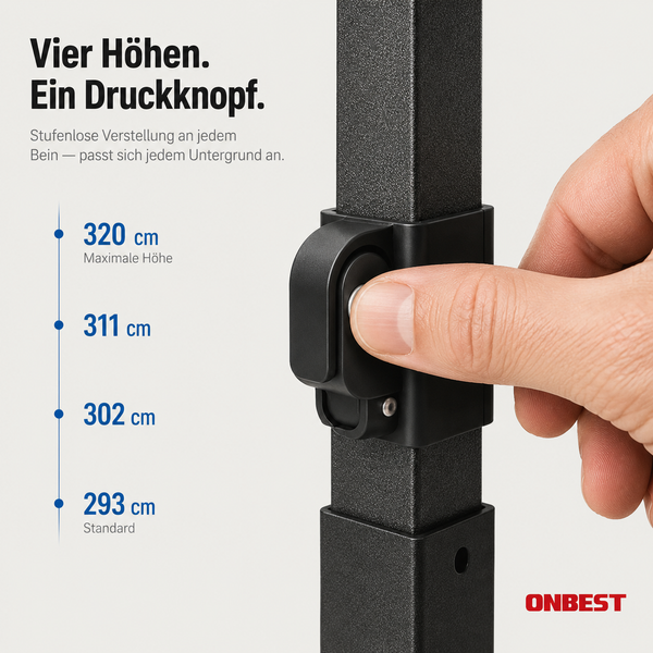 Höhenverstellbares Pavillonbein mit Druckknopf und vier Stufen von 293 bis 320 Zentimeter. ONBEST Logo.