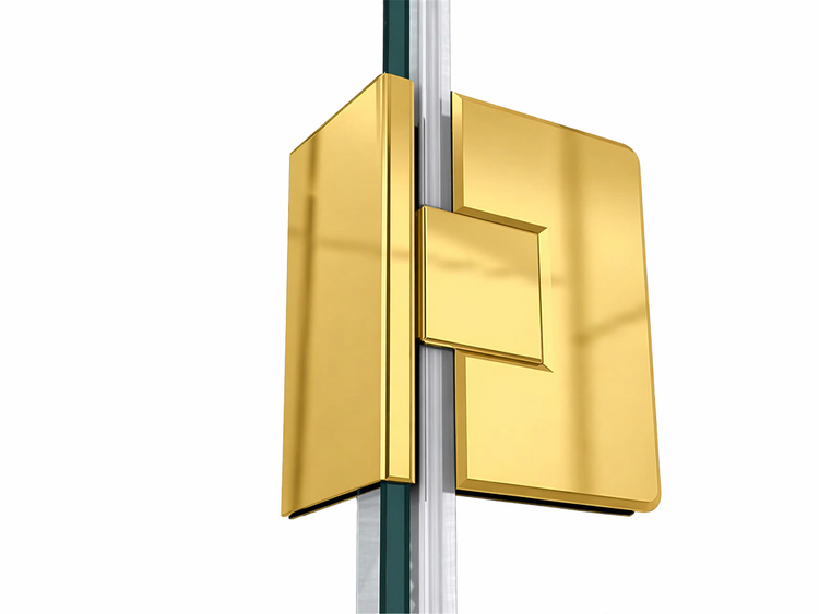 Gold-farbenes Ganzglas-Türscharnier aus Metall für Duschen.
