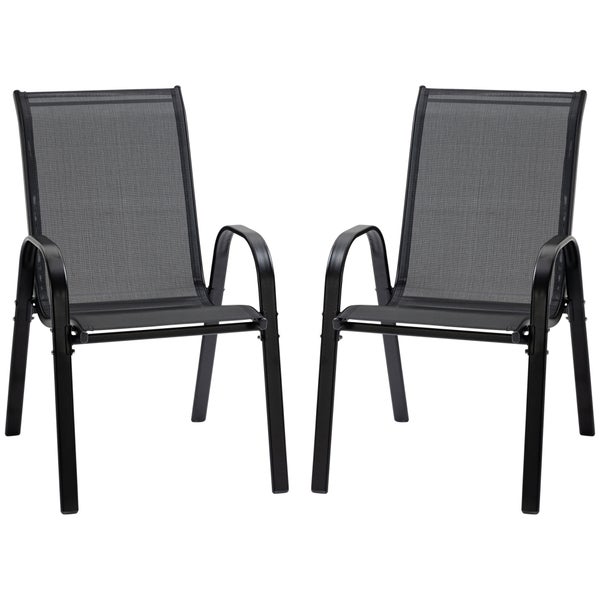 Outsunny 2er Set Gartenstuhl Stapelstuhl mit Armlehne Essstühle Garten Metall Mesh-Gewebe Schwarz 70 x 54 x 90 cm