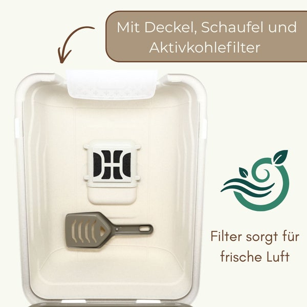 Katzentoilette mit Aktivkohlefilter für frische Luft und einer Streuschaufel.
