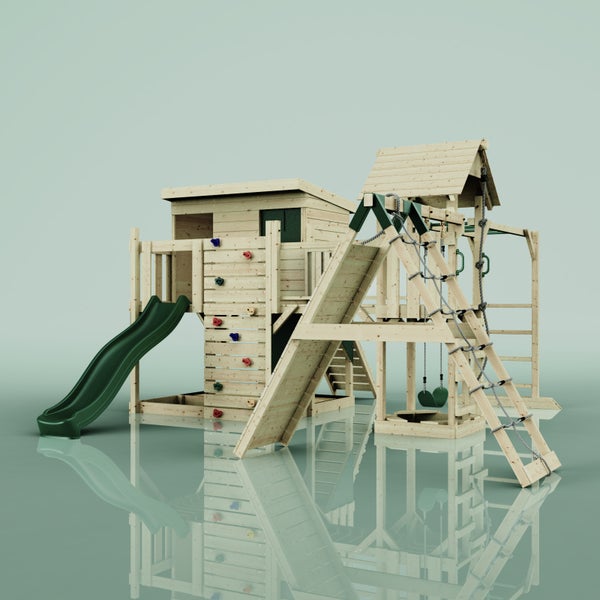 Spielturm mit Rutsche, Kletterwand, Schaukel und Spielhaus aus Holz