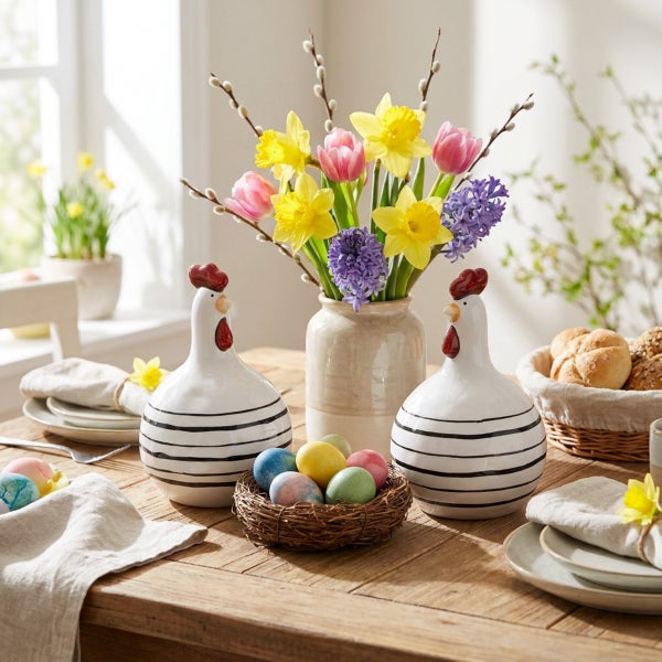 Osterliche Tischdekoration mit zwei keramischen Hühnerfiguren, einem Blumenstrauß in einer Vase und einem Nest mit bemalten Eiern auf Holztisch.