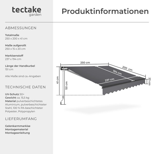 Gelenkarmmarkise tectake Ornella inkl. Wandhalterung verschiedene Größen schwarz