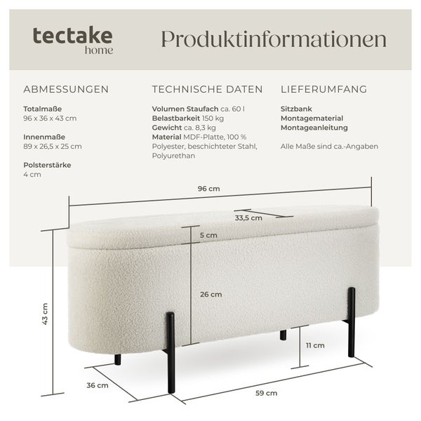 Infografik zur tectake home Sitzbank mit Maßen von 96 mal 36 mal 43 Zentimeter, technischen Daten und Informationen zum Lieferumfang.