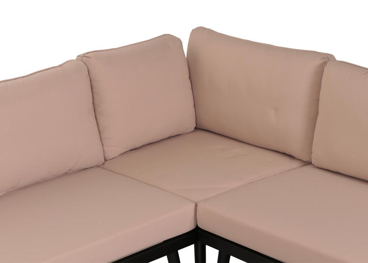 Eckmodul einer Gartenlounge mit Sitzkissen und Rückenkissen auf einem Metallgestell.
