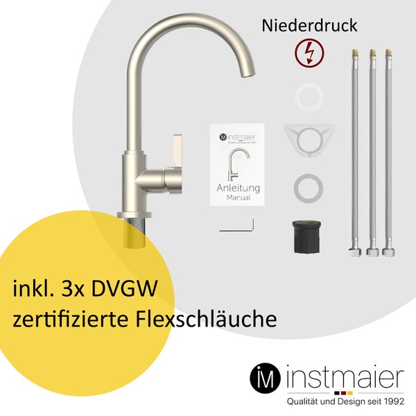 instmaier Niederdruck Küchenarmatur K3 | 360° schwenkbar | Wasserhahn Küche | Spültischarmatur Edelstahlfarben | Hoher Auslauf | mit Zentralverschraubung