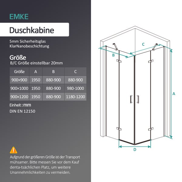 EMKE Duschkabine Eckeinstieg Dusche Duschabtrennung mit 5 mm NANO-Glas, 90x90cm, Höhe: 195cm