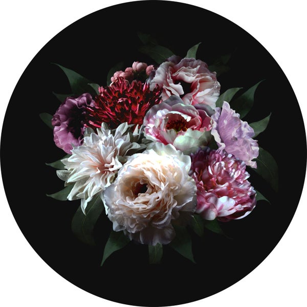 ESTAhome selbstklebende runde Tapete Blumenstillleben Multicolor auf Schwarz - Ø 140 cm - 159015