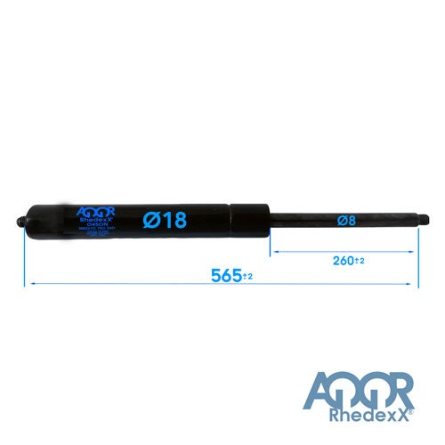RhedexX Gasdruckfeder aus Stahl mit 565 Millimeter Gesamtlänge und 260 Millimeter Hub. Zylinderdurchmesser 18 Millimeter.