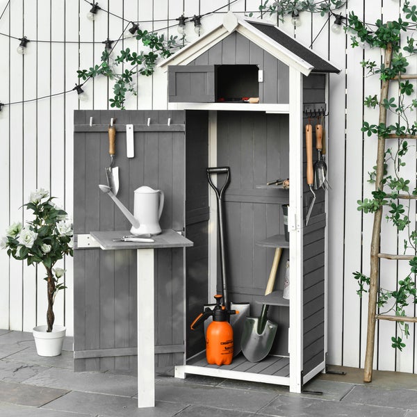 Outsunny Gartenschrank Holz, Geräteschuppen wetterfest 78x52,5x182cm, Gerätehaus mit Tür, Satteldach, Geräteschrank mit Haken, faltbar Tisch, Werkzeugschrank Gartenschuppen für Garten, Terrasse, Grau
