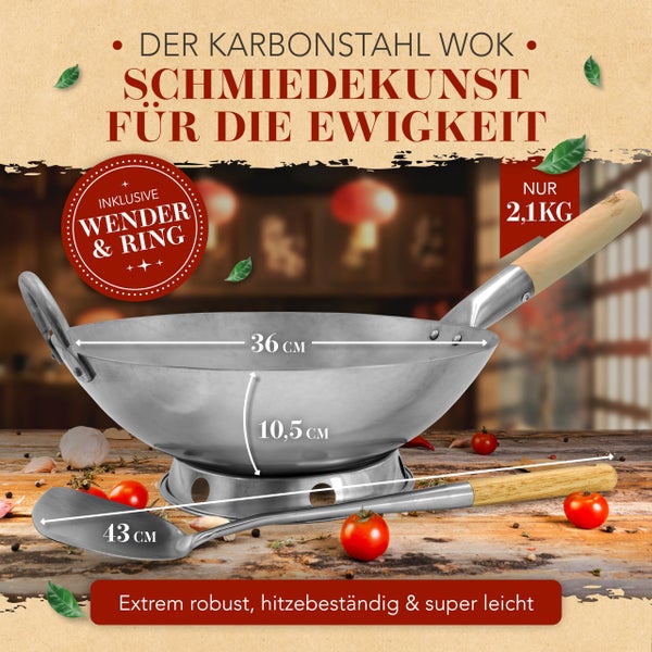 KRUSTENZAUBER 36cm Wokpfanne Induktion flacher Boden - Traditionelle Stahlwokpfanne mit Wokwender u. Wokring - Wok Pfanne, Wok Induktion, Woklette, Wok Zubehör, Carbon Steel Wok Karbonstahl