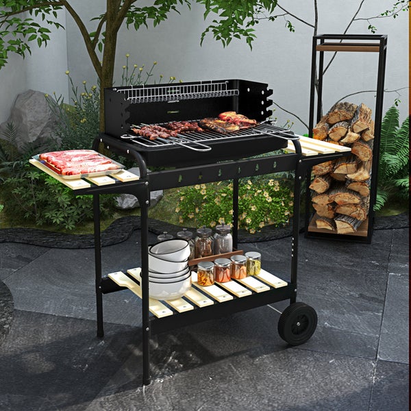 Outsunny Holzkohlegrill aus Metall höheverstellbar Grillrost, BBQ Smoker mit Räder, Holzablage, fahrbar Kohlegrill Grillwagen, Holzkohle Grill für Terrasse Camping, Barbeque, 103x47x95 cm