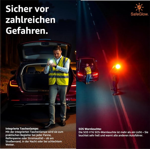Ein Mann in Sicherheitsweste mit Taschenlampe neben einem Auto mit geöffnetem Kofferraum und eine SOS-Warnleuchte auf der Straße.