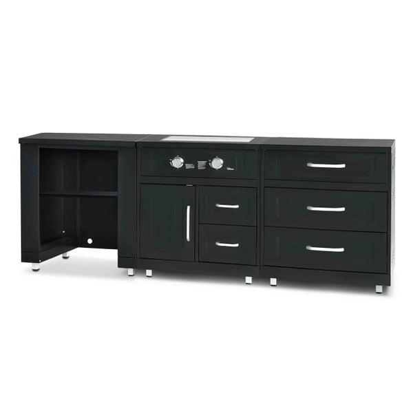 Modulare Outdoor-Küche aus schwarzem Metall mit Regalmodul, Kochfeld-Modul und Schubladenmodul.