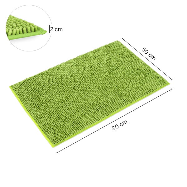 Grüne Badematte aus Chenille mit den Maßen 80 Zentimeter Länge, 50 Zentimeter Breite und 2 Zentimeter Höhe.