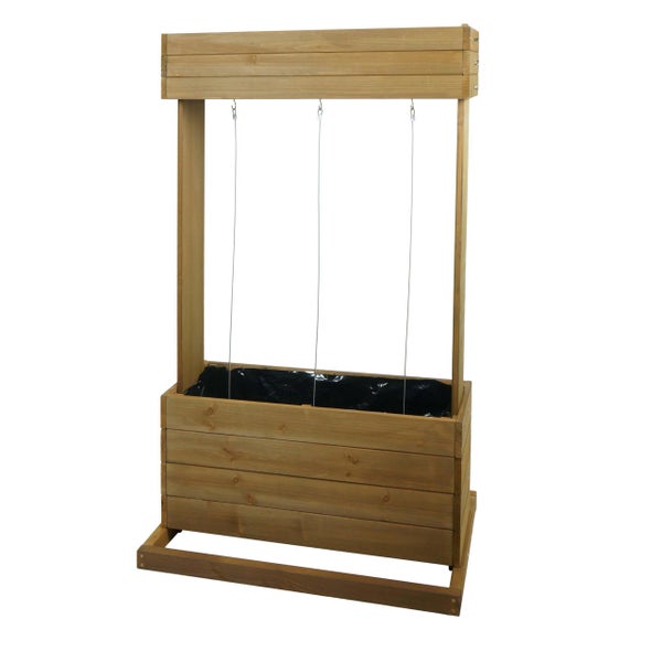 Hochbeet aus Holz mit integrierter Rankhilfe und drei Metalldrähten für Kletterpflanzen.