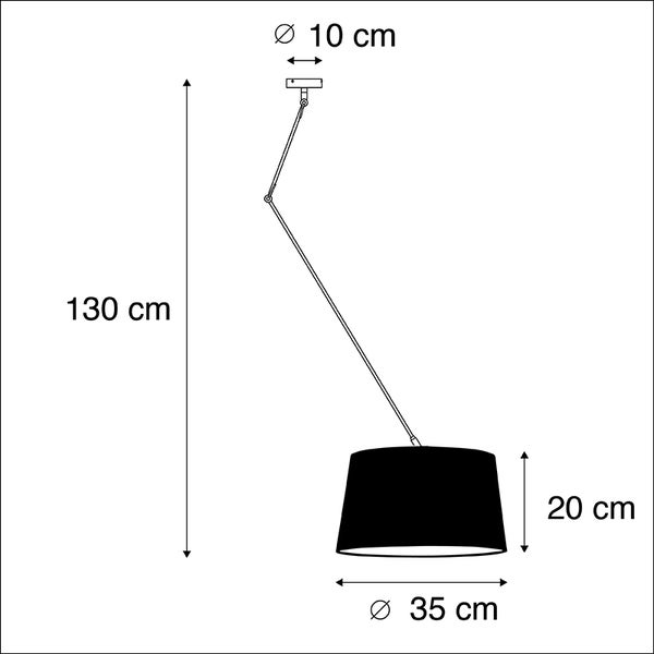 Maßskizze einer Pendelleuchte mit Gelenkarm. Gesamthöhe 130 Zentimeter, Durchmesser 35 Zentimeter, Schirmhöhe 20 Zentimeter.