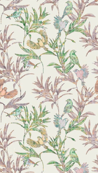 Tapete mit einem Muster aus Vögeln und Bambusblättern im künstlerischen Stil mit strukturierter Optik.