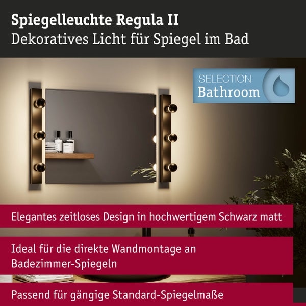 Spiegelleuchte Regula II, dekorative Badezimmer-Spiegelbeleuchtung in Schwarz matt mit sechs Kugelleuchten, beidseitig am Spiegel montiert.