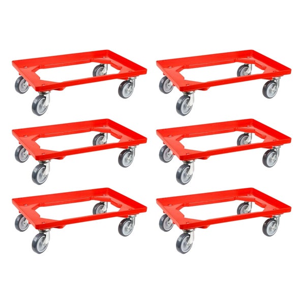 PROREGAL SparSet 6x Transportroller für Euroboxen 60 x 40 cm mit Gummiräder Rot Offenes Deck 4 Lenkrollen Traglast 300 kg