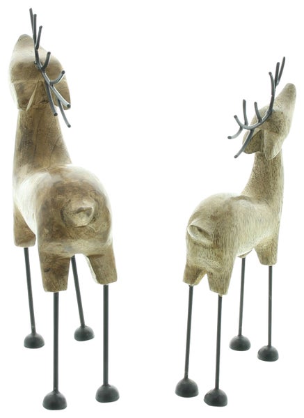 Zwei dekorative Holz Hirsche mit Metallgeweih und -beinen