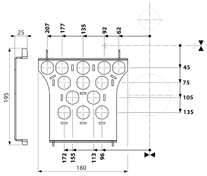 Technische Zeichnung einer Montageplatte mit kreisförmigen Aussparungen, Frontansicht und Seitenansicht mit Maßangaben in Millimetern.