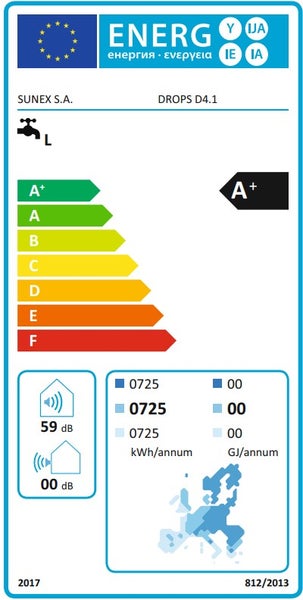 Europäisches Energielabel für SUNEX Warmwasserbereiter DROPS D4.1, Energieeffizienzklasse A plus, Lastprofil L, Schallleistung 59 Dezibel.