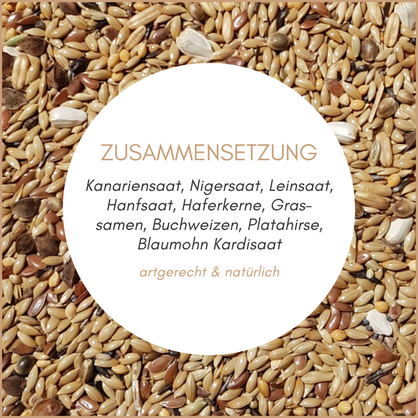 Zusammensetzung von Vogelfutter bestehend aus einer Saatgutmischung aus verschiedenen Pflanzensamen.