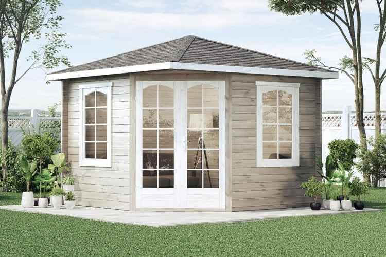 Gartenhaus mit Fenstern und Doppeltür im Garten