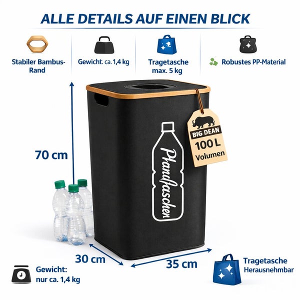 Big Dean Pfandflaschensammler mit 100 Liter Volumen und Bambus Rand, Abmessungen 35 mal 30 mal 70 Zentimeter, inklusive herausnehmbarer Tragetasche.
