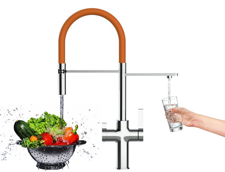 4 Wege Wasserhahn Küchenarmatur, FC, mit 360° schwenkbarem Auslauf, abnehmbare 2 strahl Handbrause, Verchromt / Orange