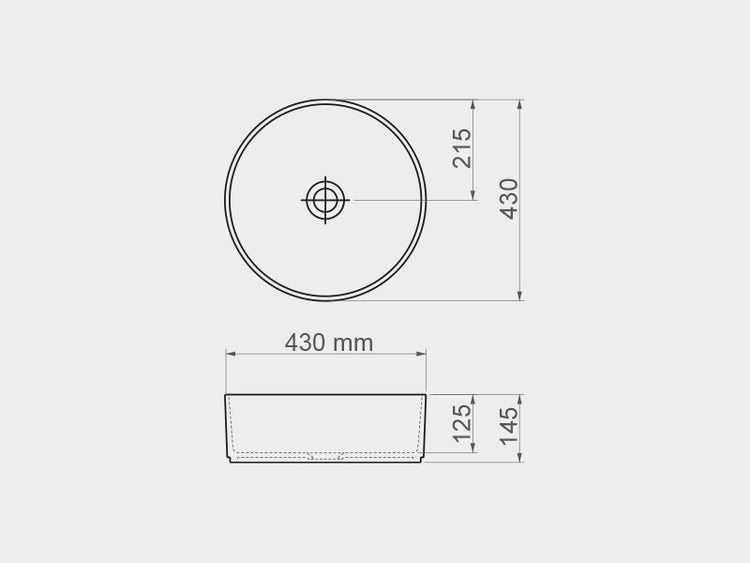 Technische Zeichnung mit Maßen für ein rundes Aufsatzwaschbecken mit 430 Millimeter Durchmesser.