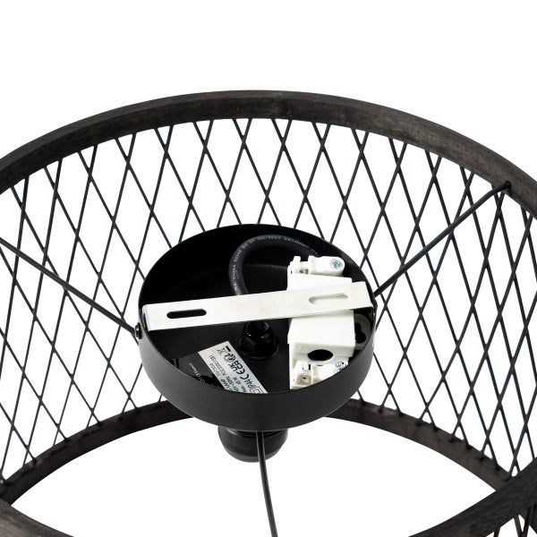 Deckenanschluss einer Pendelleuchte mit Metallgitter-Schirm, Montagehalterung und Lüsterklemme im runden Gehäuse.